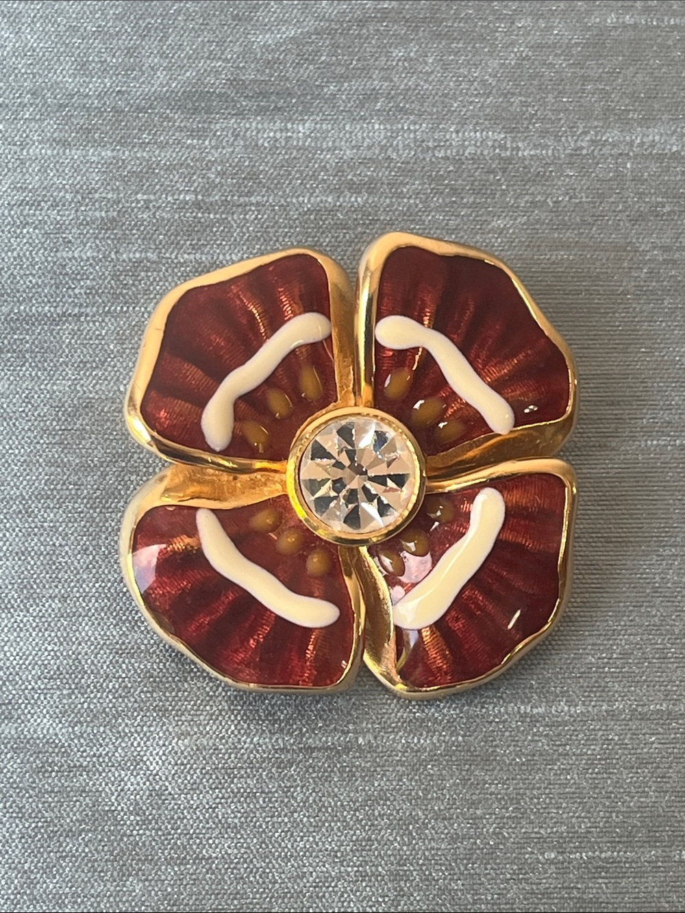 Vintage Christian Dior Enamel Flower Brooch Pin Rhinestone Gold Tone